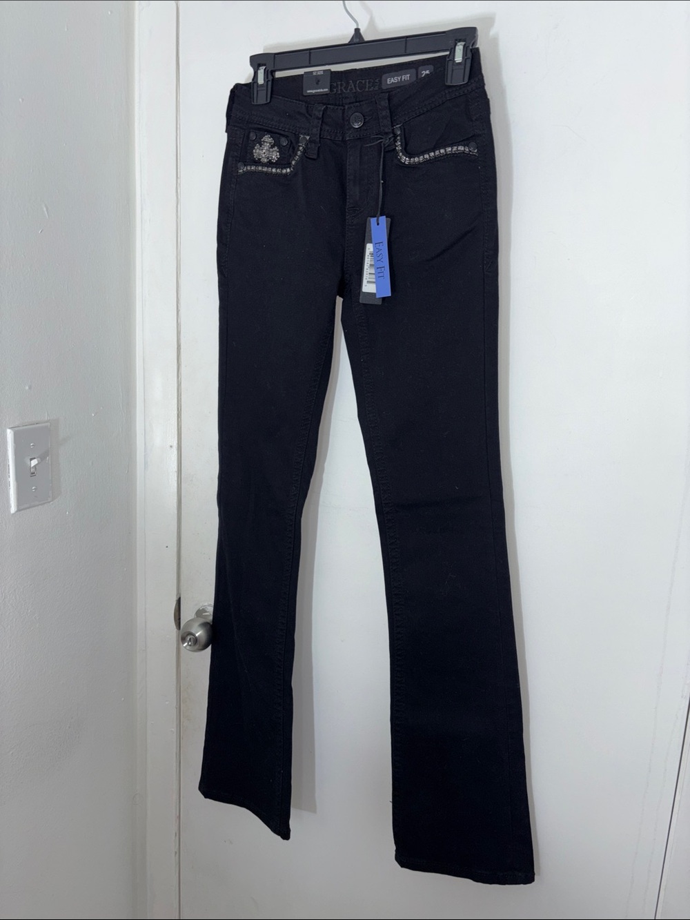Grace in LA Black Flare Jeans with Embellished Pocket Trim